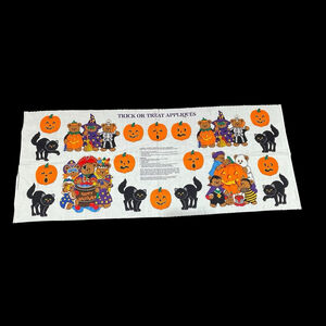 Vtg Trick Or Treat Applique Halloween Fabric Panel VIP Black Cat Bears Pumpkins